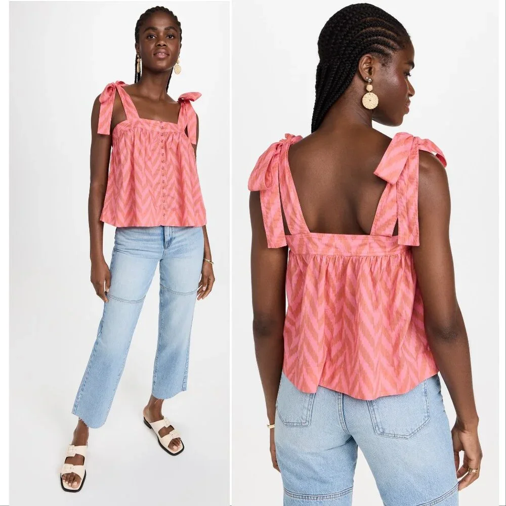 ULLA JOHNSON Iris Tank Size 8 Tie Shoulder Bougainvillea Chevron Poplin NEW $245 - Picture 8 of 16